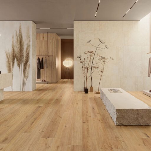 Ladenlokal mit heller Holzoptik in Feinsteinzeug, Serie Rever Wheat von Ceramiche Caesar